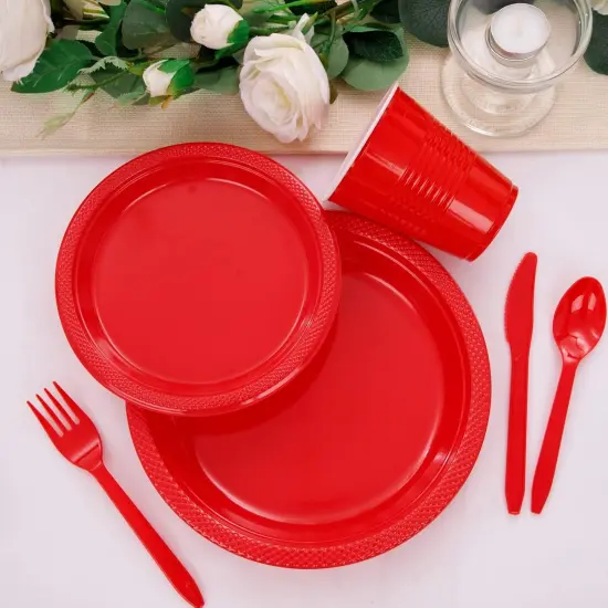 210 Pieces Red Party Supplies Disposable Dinnerware Set, Including Red Plastic Plates, 12OZ Cups, Plastic Cutlery and Paper Napkins {3}