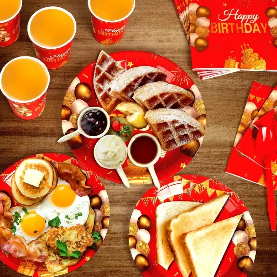 168 Pcs Red and Gold Party Supplies Tableware Set Happy Birthday Plates, Knife,Forks,Spoons, Cups and Napkins Table Decorations {2}