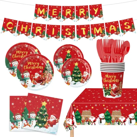 177PCS Christmas Paper Plates Napkins Party Supplies, Christmas Tree Santa Claus Theme Party Supplies Disposable Paper Tableware for Decorations for Merry Christmas Serves 25 {1}