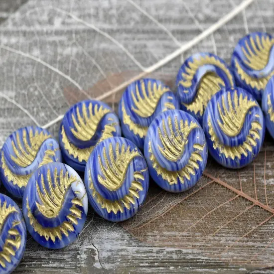 *6* 19mm Gold Washed Blue Hurricane Fossil Coin Beads {2}