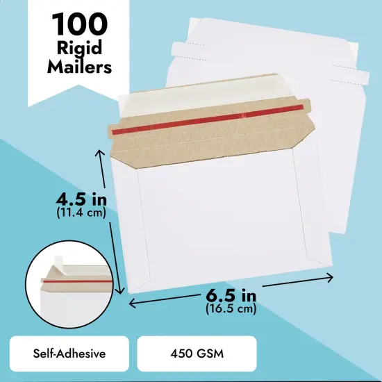 100 Pack 6.5 x 4.5 Inch Rigid Mailers with Self Sealing Flap, Bulk Stay Flat Cardboard Envelopes for Shipping Postcards, Photos (White) {4}