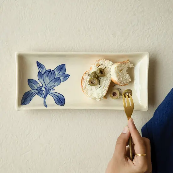 Handcrafted ceramic serving platter with Floral Print - 9.8x4.1x1" {3}