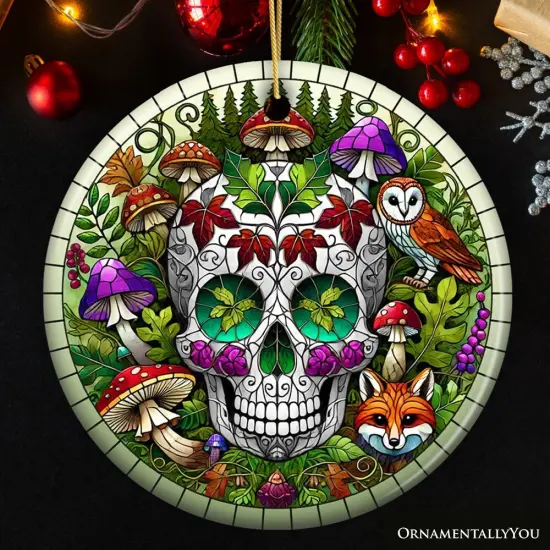 Enchanted Woodland Sugar Skull Ornament, Mystical Forest Christmas Gift and Decor {1}
