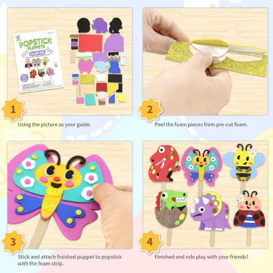 Make 6 Popstick Puppets Craft Kits for Kids, Foam Crafts, Story Time Toys for Ages 4+ Toddler {2}