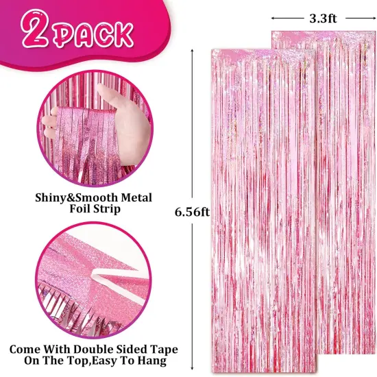 2 Pack Laser Pink Tinsel Foil Fringe Curtains, Valentines Day Pink Decorations, Metallic Tinsel Party Streamers Backdrop for Birthday Bachelorette Graduation Wedding Party Decorations {3}