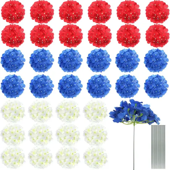 36 Pieces Hydrangea Flowers 4th of July Fake Full Hydrangea Flowers Patriotic Faux Artificial Hydrangea Flowers with Stems for Independence Memorial Day Home Kitchen Decor {1}