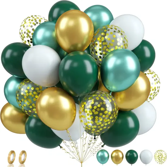 Green Gold Balloons Set, 60PCS Dark Green White Gold Balloons, 12Inch Metallic Green Gold Latex Balloons Gold Confetti Balloons Helium for Jungle Safari Birthday Wedding Baby Shower Party Decoration {1}