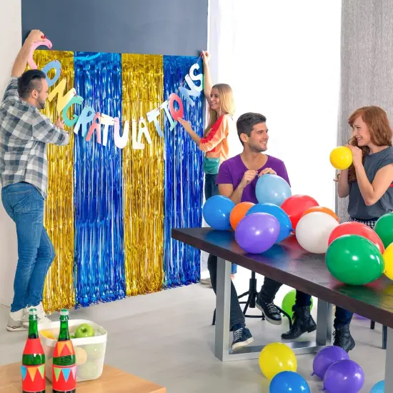 2 Pack Blue and Gold 2025 graduation party decorations, 3.3x6.6 ft Foil Fringe Curtains, Tinsel Backdrop, Graduation Photo Booth Prop Streamer Backdrop for High School College University Party {3}