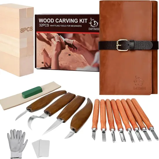 Deluxe Wood Carving Kit with Leather Case,Wood Carving Tools Set with Wood Carving Knife,Detail Knives,Basswood Blocks,Gloves,Strop Block,Polishing Compound for Whittling Kit Hobbies for Adults {1}