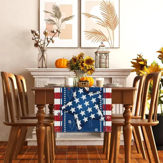 Linen Red White and Blue Stripe Stars Table Runner 4th of July Memorial Day Veterans Day Independence Day Tablecloth Patriotic Decorations and Supplies for Home Kitchen Table {4}