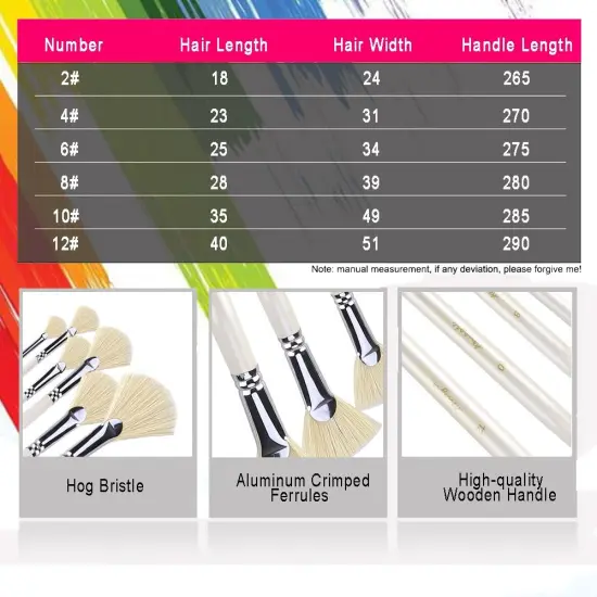 Fan Brush Set - Hog Bristle Natural Hair - Artist Soft Anti-Shedding Paint Brushes for Acrylic Watercolor Oil Painting, Long Wood Handle with Case, Set of 6 {3}