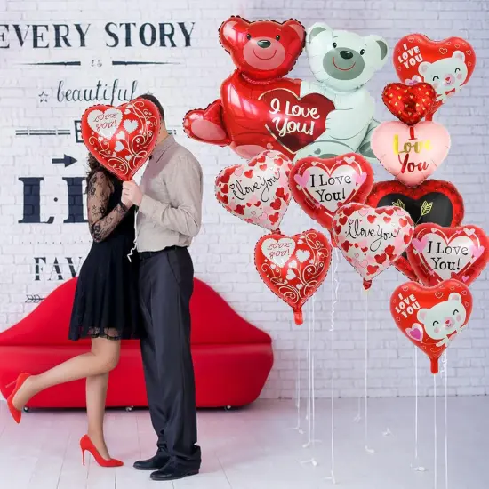 Balloons I Love You Balloons Mylar Red Heart Love-Bear Foil Valentine for Valentines Day Decorations Anniversary Wedding - Pack of 10 {3}