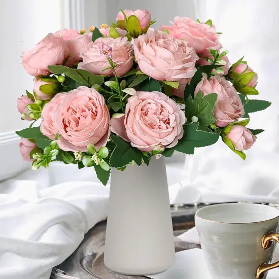 Faux Peony Flowers with Vase Fake Bouquet with Stems Artificial Greenery for Floral Arrangements Silk Plants for Home Decor Indoor Rustic Coffee Centerpiece Table Mother's Day(Pink) {1}