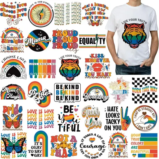 30 Pcs Gay Pride Iron on Transfers Rainbow HTV Iron on Decal LGBT Pride Month Iron on Patches Vinyl Heat Transfer Sticker Ready to Press for Clothing T Shirts Jacket Bag Hat DIY {1}