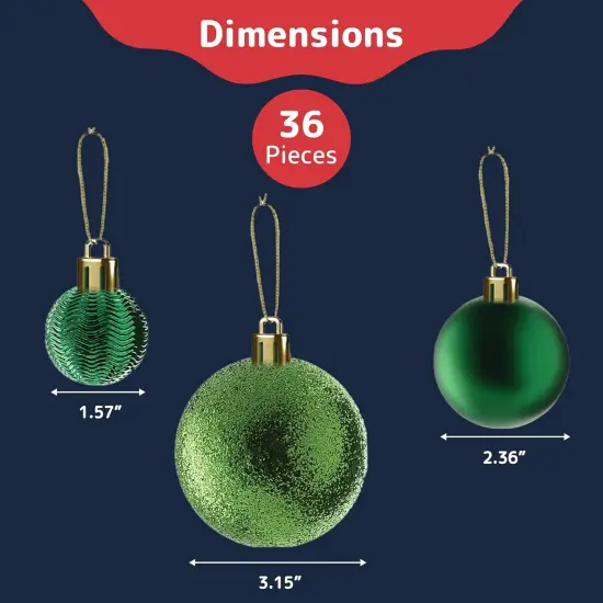 36-Piece Green Christmas Ornaments Set - Shatterproof Christmas Tree Balls - 6 Styles, 3 Sizes with Hanging Loops to Decorate Christmas Tree - Ideal for Indoor and Outdoor Holiday Decor {3}