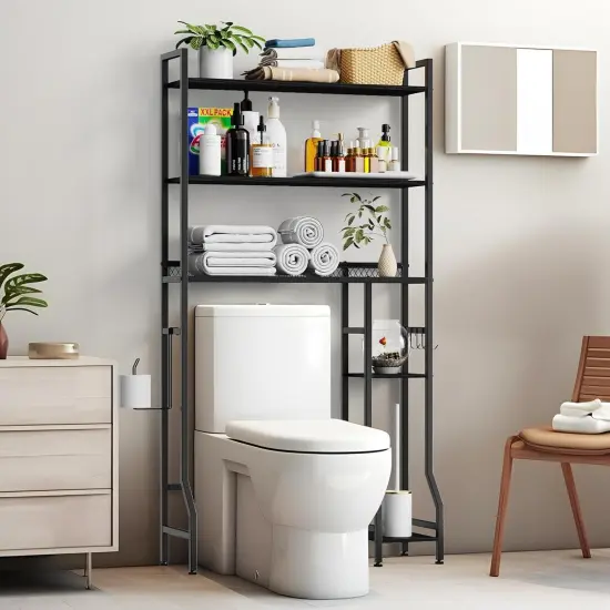 33" Extended Over The Toilet Storage Rack - Freestanding Bathroom Organizer with Adjustable Shelves, Hooks, Industrial Metal & Wood Design, Black - Easy Assembly {5}