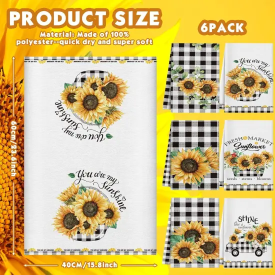 6 Pcs Sunflower Kitchen Towels Summer Buffalo Plaid Dishtowels for Kitchen Ultra Absorbent Black and White Hand Wash Cloth Sunflower Decor Decorative Set for Bathroom Housewarming Gift {2}