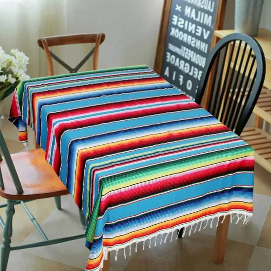 Mexican Tablecloth 60 x 85, Mexican Serape Blanket with Tassels for Fiesta Party Cinco De Mayo Decorations, Rectangle Woven Stripe Tablecloth, Outdoor Picnic Blankets Dining Table Cover {4}