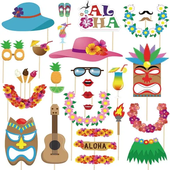60pcs Luau Photo Booth Props - Hawaiian/Tropical/Tiki/Summer Pool Party Decorations Supplies (Assembly Needed) {1}