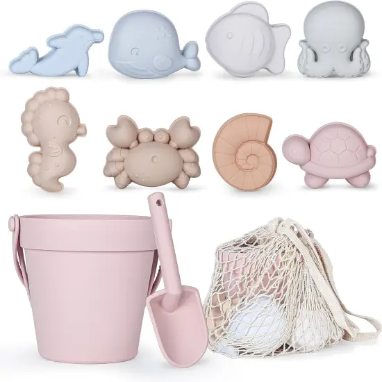 11Pcs Summer Silicone Beach Toys,Modern Baby Beach Toys,Travel Friendly Beach Set,Silicone Bucket, Shovel, 8 Sand Molds, Beach Bag,Silicone Sand Toys for Toddlers, Kids (Pink) {1}