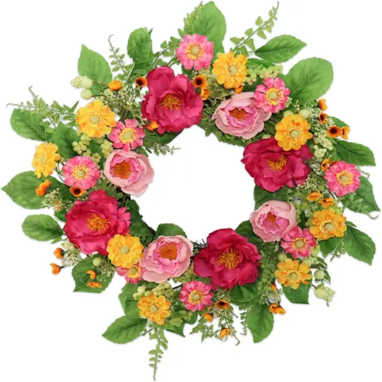 22 inch Artificial Summer Wreaths for Front Door, Rose Peony Wreath Front Door with Berry Green Leaves Suitable for Summer for Wall Door Farmhouse Holiday Decorations (Pink) {1}