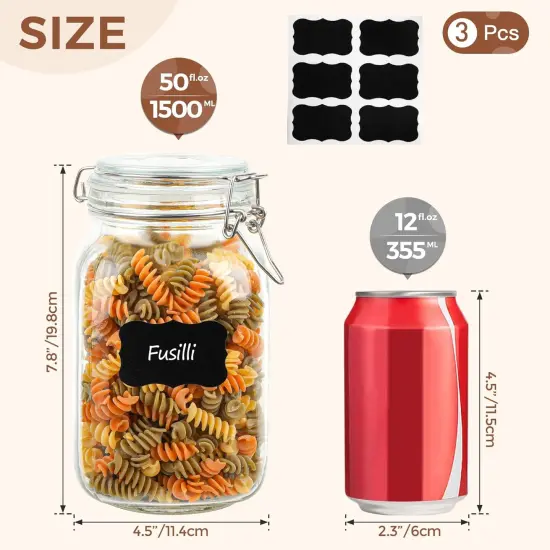 Airtight Glass Canister Set of 3 with Lids 50oz Clear Food Storage Jars Square, Kitchen & Pantry Organization Food Storage Container for Canning, Sugar, Flour, Pasta, Candy, Cereal, Coffee {2}