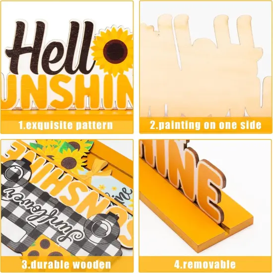 3pcs Sunflower Wooden Table Centerpiece Sign Decoration, Hello Sunshine Wood Tabletop Signs, Summer Farmhouse Tiered Tray Table Topper Signs Decor for Home Kitchen Party Favor Photo Props {3}