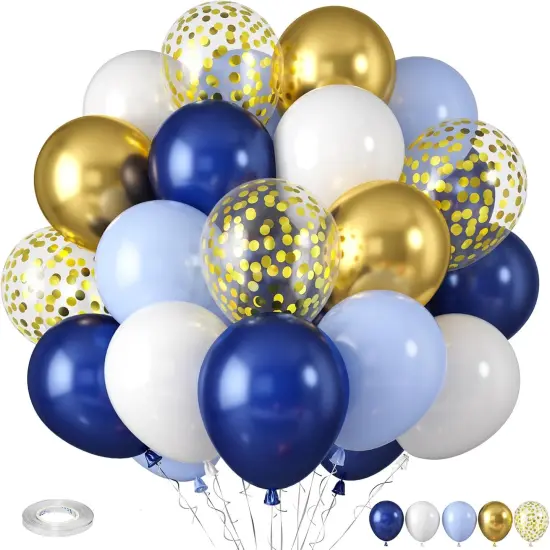 Royal Blue and Gold Balloons, Blue and White Gold Balloons, Macaron Blue Navy Blue Gold Confetti Latex Balloon {1}
