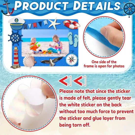 232 Pieces Summer Ocean Beach DIY 5'' x 7'' Picture Frame Craft Kit 32 Summer Under The Sea Felt Photo Frames and 200 Foam Stickers for Holiday Game Activities(Ocean,Cool Color) {3}
