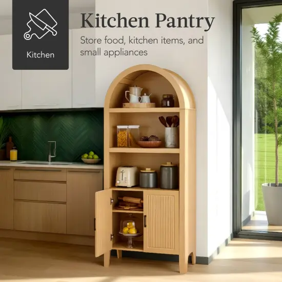 Best Choice Products 72in Tall Arched 5-Tier Bookshelf Storage Cabinet w/ Adjustable Shelves Natural Oak {4}