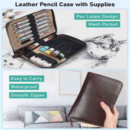 Blocky Gear Metal Mechanical Pencil Set in Leather Case, 29PCS Art Drafting Pencils 0.3, 0.5, 0.7, 0.9&2mm Lead Pencil with 330PCS Lead (HB 2H 4H 2B 4B 6B Color) For Writing Sketching Drawing {3}