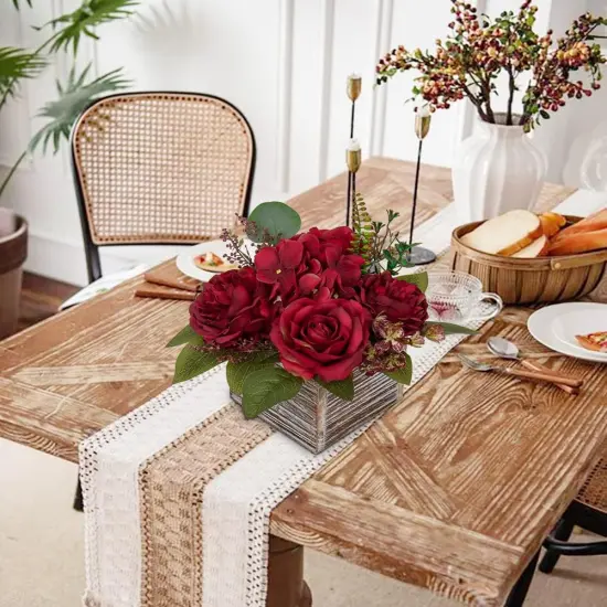 Flower Arrangement with Wooden Vase 8" Artificial Flowers in Pot - Fake Flowers Roses Peonies Hydrangeas in Wooden Vase Potted Artificial Flower Centerpieces for Table Decor Living Room - Red {4}