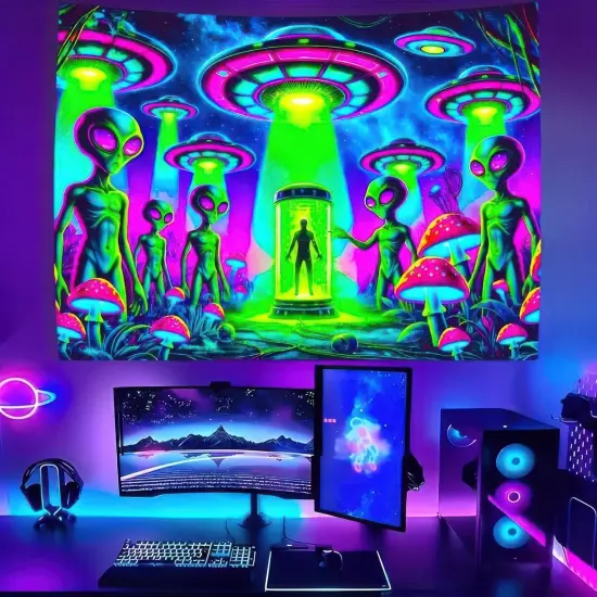 Alien Blacklight Tapestry UFO Black Light Hanging Backdrop Glow in The Dark Poster Wall UV Tapestry {4}