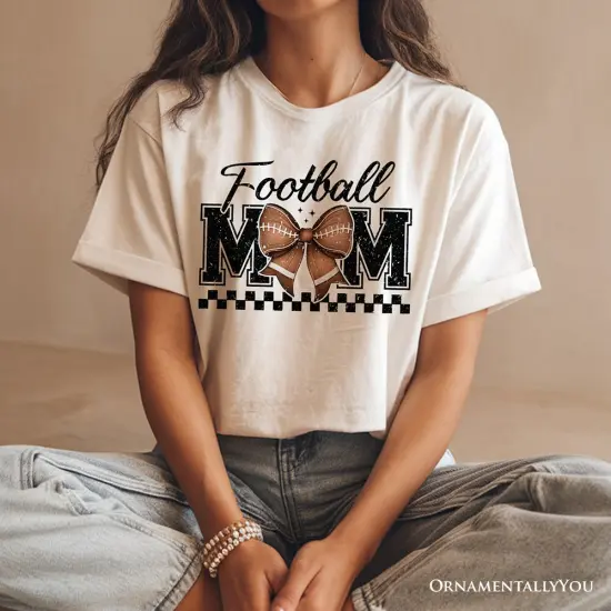 Football Mom Coquette Bow Retro T-Shirt, Stylish Game Day White Tee for Trendy and Proud Sports Mothers {5}