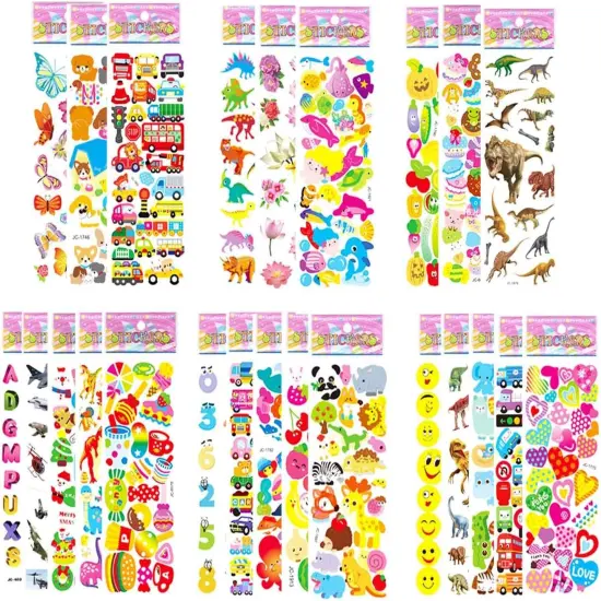 Puffy Stickers for Kids Toddlers, Small 3D Sticker Variety Pack, Kid Stickers Sheets Bulk, Mini Party Favor for Kids Boy (Dinosaur Car Animal Dog Flower Heart Number Food Truck) 24 Sheets {1}