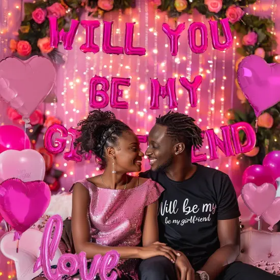 Will You Be My Girlfriend Balloons 60pcs pink hot pink and white balloon kit Include 18 Inch Heart Shaped Balloons and 1000 Pink Artificial Rose Petals Romantic Decoration Kit for Valentines Party {3}