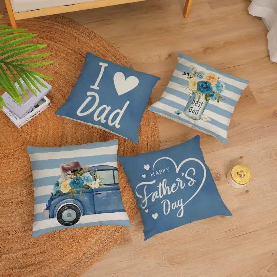 Happy Fathers Day Pillow Covers 18x18 Set of 4 Blue Floral Throw Pillow Covers I Love Dad Cushion Covers Pillow Case Gift for Papa grandpa Birthday Home Outdoor Sofa Decoration (18 by 18) {4}