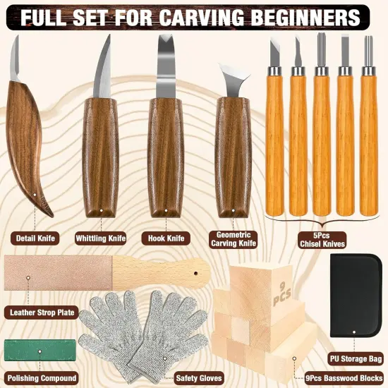 Wood Carving Kit, 23pcs Wood Carving Tool with 4PCS Wood Carving Knives & 5PCS Detail Knives 9 Basswood Blocks & Gloves & Roll Bag & Strop Block & Polishing Compound Whittling Kit Hobbies for Adults {2}