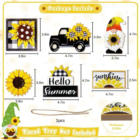 Summer Tiered Tray Decor, Farmhouse Sunflower Tray Decorations, Hello Spring Summer Sunflower Gnome Sunshine Truck Wooden Signs, Buffalo Plaid Rustic Home Decor for Table Mantel Office Party {3}