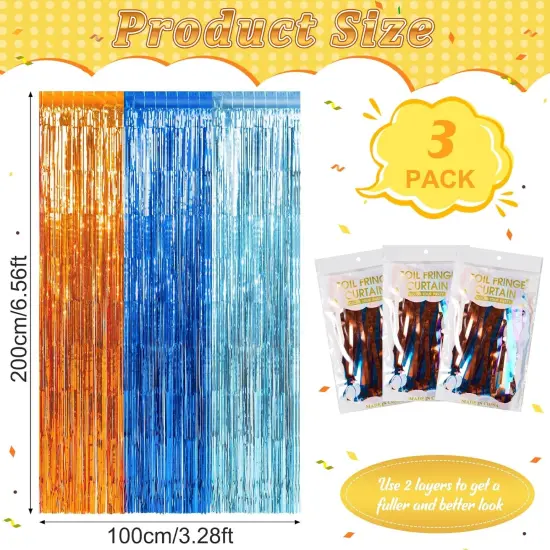 3 Pack 3.3X6.6Ft Blue Dog Foil Fringe Curtains Backdrop Decorations, Orange Blue and Light Blue Birthday Party Tinsel Metallic Streamers Photo Booth Background for Blue Dog Theme Party Supplies {4}