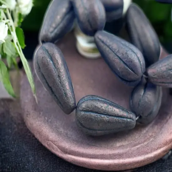 *6* 22x11mm Etched Matte Montana Blue Luster Melon Drop Beads {1}