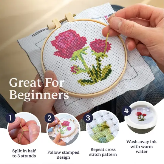 Cross Stitch Kits for Beginners (Flower Theme - 6.75 Inch - 4 Pack 1 x Embroidery Hoop) DIY Embroidery Needlepoint Patterns for Adults, Includes Poppy, Rose, Sunflower and Pansy. {6}