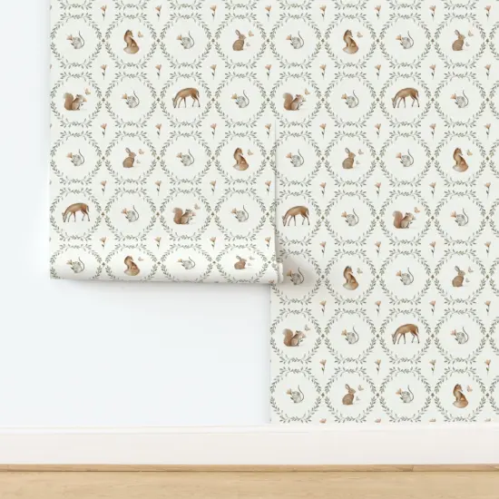 Pre-Pasted Wallpaper 2FT Wide Neutral Woodland Deer Squirrel Baby Nursery Fox Rabbit Mouse Whimsical Fun Cute Happy Cheerful Soft Pastel Custom Pre-pasted Wallpaper by Spoonflower 18001017 {2}