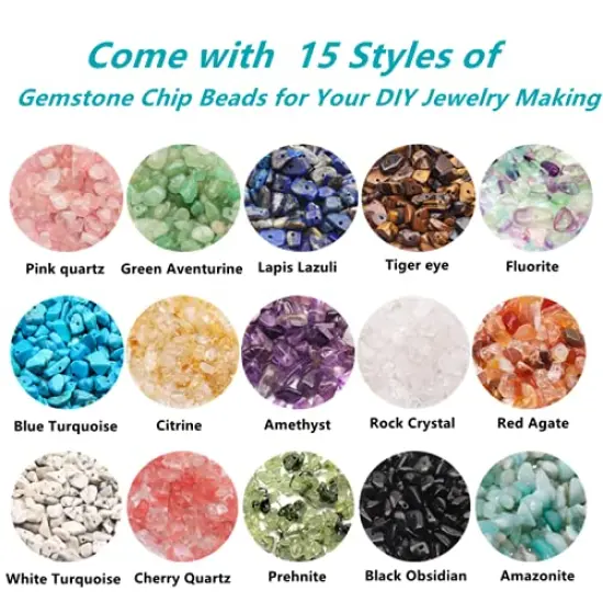 1888 Pieces Natural Chip Stone Beads About 500g Irregular Gemstones Healing Crystal Loose Rocks Bead Hole Drilled DIY for Bracelet Jewelry Making Crafting (5-8mm, 15 Color Mix-S1) {1}