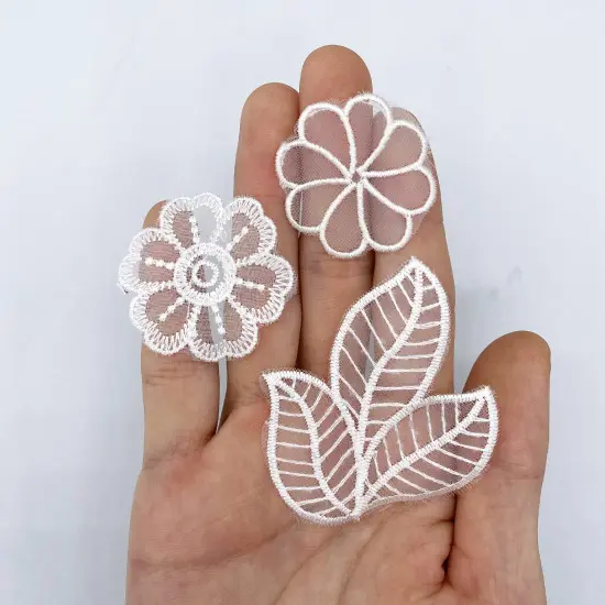 30 PCS Lace Flowers Applique Embroidery Flowers Leaf Sew Iron On Patch, Organza Patches Flowers Applique for Wedding Bridal Dress Sewing Craft DIY Clothes Hair Ornaments (White) {6}