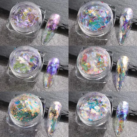 Iridescent Chrome Nail Powder, 6 Boxes Crystal Fire Opal Flakes Chunky Glitter {3}