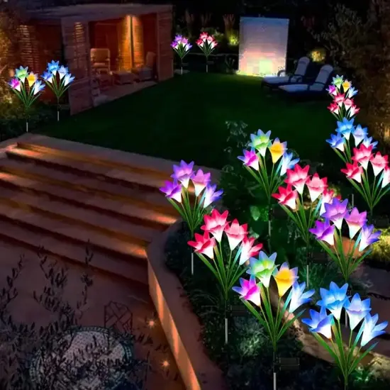 4 Pack Solar Lights With 16 Bigger Artificial Lily Flowers, Multi-Color Changing Lights, Solar Garden Decor Lights For Patio Yard Lawn Pathway {3}