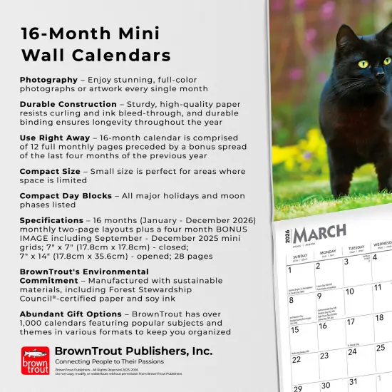 Black Cats | 2026 7 x 14 Inch (Hanging) Monthly Mini Wall Calendar {6}