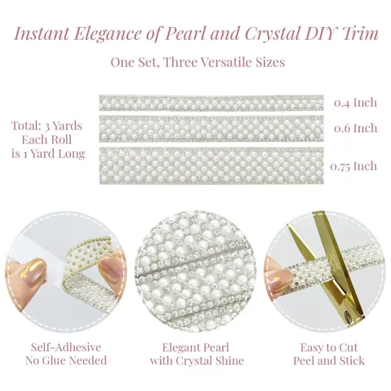 Wrapables 3 Yards Self Adhesive Pearl and Crystal Rhinestone Ribbons, Tape Strips Trim for DIY Crafts Wedding Party Decoration (Set of 3) {2}