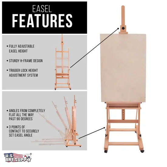 Medium Wooden Studio H Frame Easel with Storage Tray and Wheels - Adjustable to 96" High, Holds 48" Canvas - Beechwood Artist Easel for Painting, Art Display, Portraits {3}